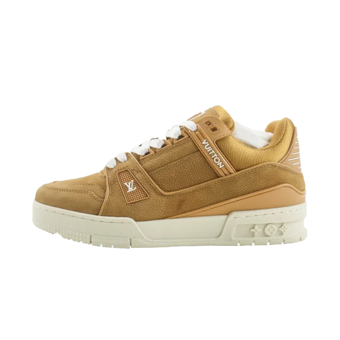 Louis Vuitton Trainer Sneaker beige tan leather mesh sneakers with white sole and laces