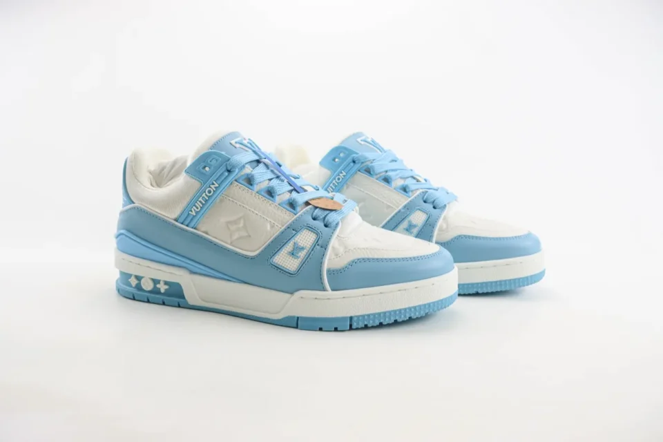 Louis Vuitton Trainer Sneaker blue white leather fabric shoes with embossed monogram details