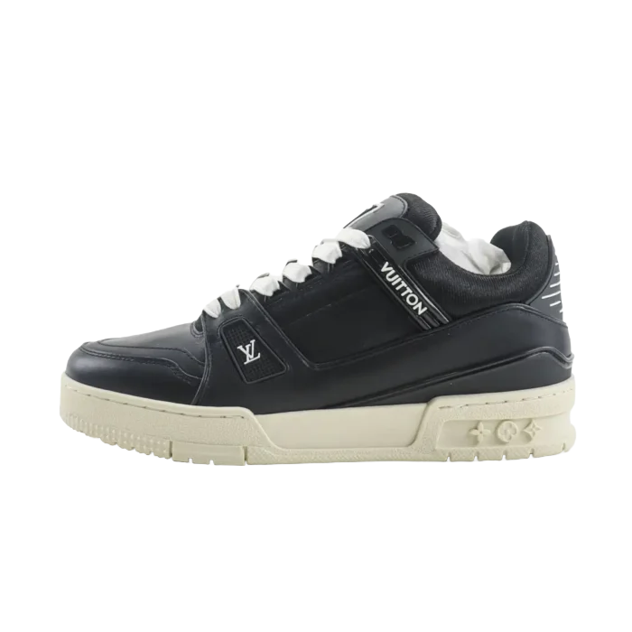 Louis Vuitton Trainer Sneaker black beige leather low-top shoes with white laces and logo detailing