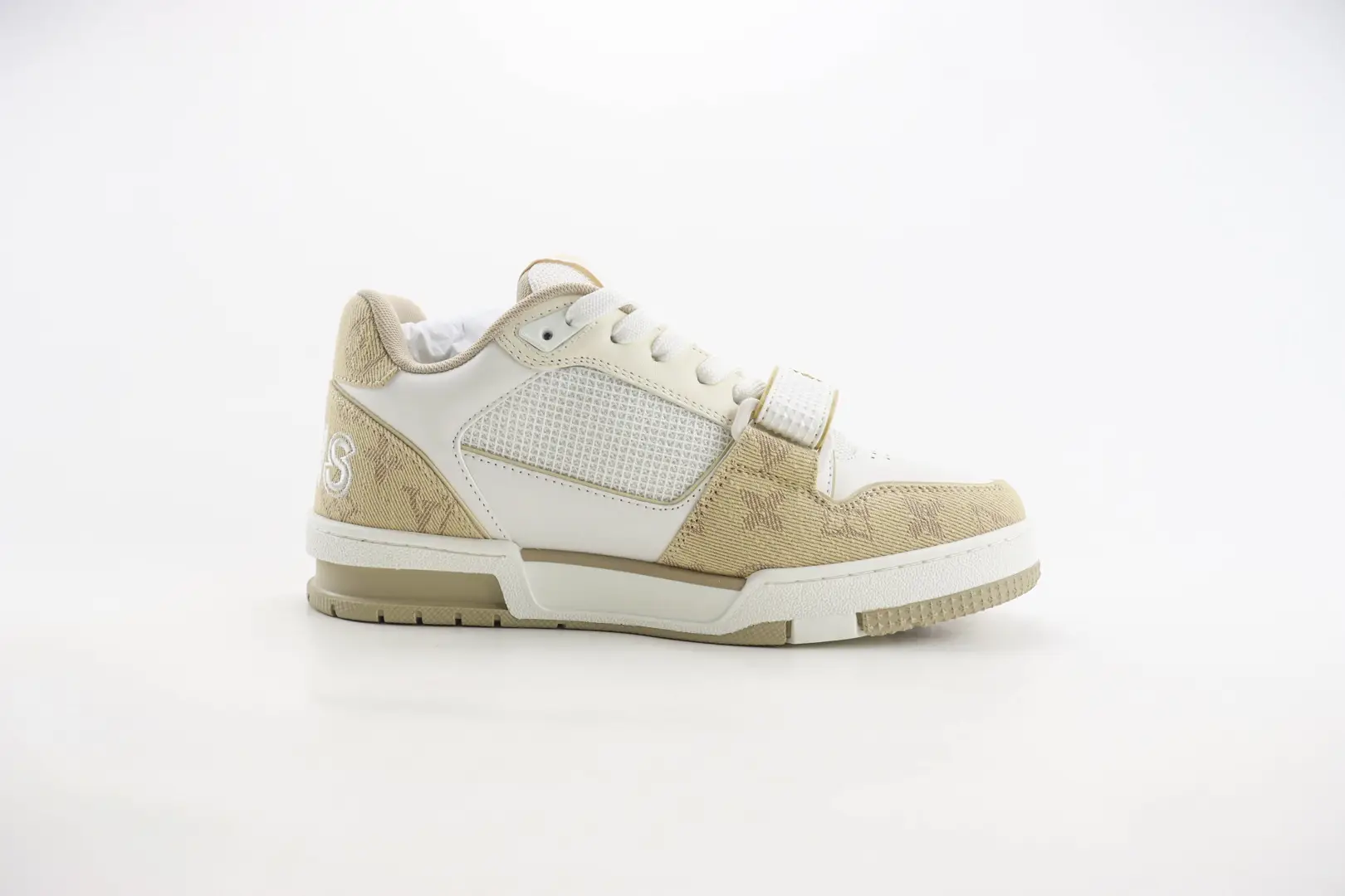 Louis Vuitton Trainer Sneaker beige white canvas leather colorway with monogram pattern and mesh sides
