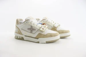 Louis Vuitton Trainer LV1 beige white canvas leather sneakers with signature monogram strap and mesh panel detail