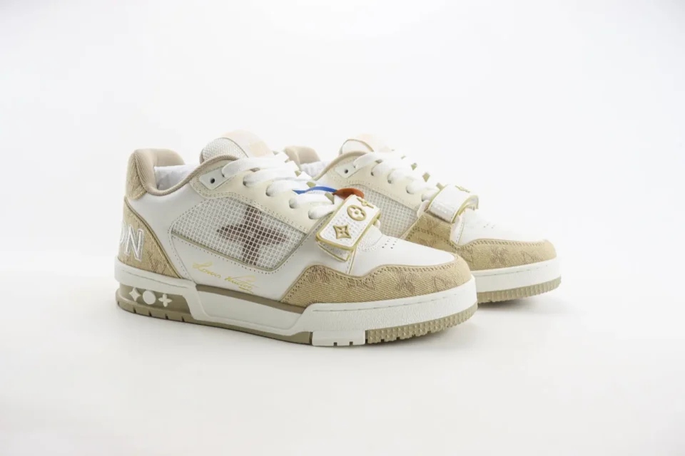 Louis Vuitton Trainer LV1 beige white canvas leather sneakers with signature monogram strap and mesh panel detail