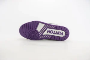 Purple sole of Louis Vuitton Trainer low-cut casual shoes featuring logo and tread design, showcasing luxury sneaker details.