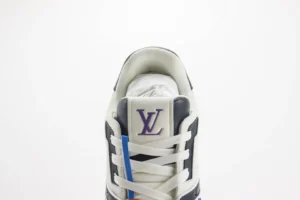 Louis Vuitton Trainer low-cut casual sneaker showcasing the iconic LV logo, featuring a stylish design with multicolor accents and laces, emphasizing luxury footwear quality.