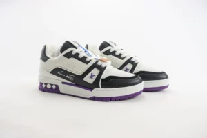 Louis Vuitton Trainer low-cut casual sneakers in white, black, and purple, showcasing luxury design and style, featured for purchase at $179.