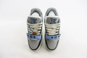 Louis Vuitton Trainer Limited Edition sneakers in gray and blue, featuring iconic logo and stylish design elements, showcased for luxury footwear enthusiasts.
