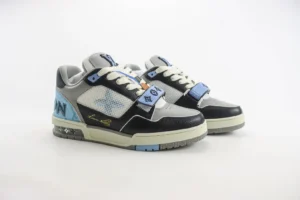 Louis Vuitton Trainer Limited Edition sneakers showcasing a stylish design with a mix of grey, black, and blue colors, emphasizing luxury craftsmanship and replica quality.