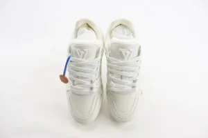 Louis Vuitton LV Trainer Worldwide white leather sneakers with embossed logo and tag detail
