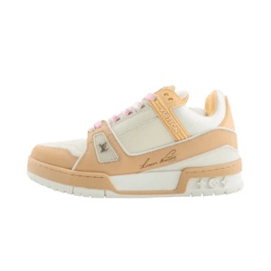Louis Vuitton Trainer Low Cut Casual sneakers in beige and white, featuring signature branding and stylish design elements, ideal for luxury footwear enthusiasts.