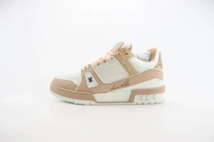 Louis Vuitton Trainer Low Cut Casual sneakers in beige and white, featuring signature branding and luxury design elements, ideal for stylish casual wear.
