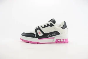 Louis Vuitton Trainer Low Cut Casual sneaker in black and white with pink sole, showcasing luxury design and craftsmanship.