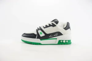 Louis Vuitton Trainer Low Cut Casual sneaker in black and white with green accents, showcasing luxury design and craftsmanship.