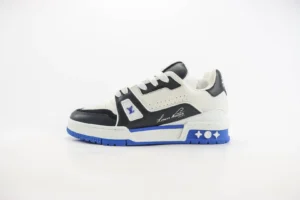 Louis Vuitton Trainer Low Cut Casual sneaker in black and white with blue accents, showcasing luxury design and craftsmanship.