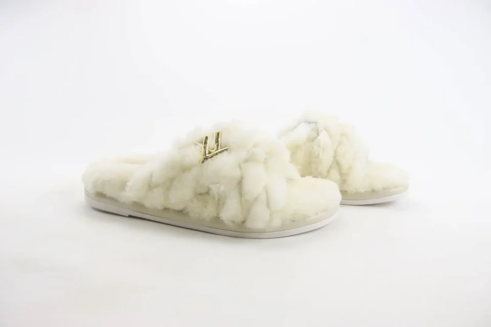 Louis Vuitton Shearling Fur Slippers cream white soft plush luxury slides