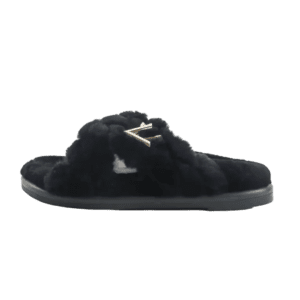 Versace slippers black faux fur gold logo accent slip-on slippers