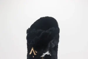 UGG Fluff Yeah Slide black sheepskin fur slides with gold hardware logo buckle
