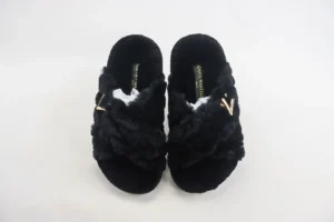 Louis Vuitton Fur Slides black braided faux fur slippers with gold LV logo accessory