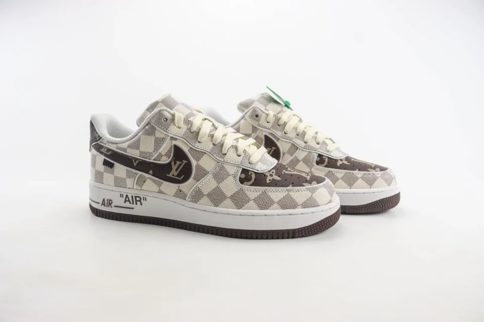 Nike Air Force 1 Low LV brown white beige checkered canvas leather sneakers with LV logo accents