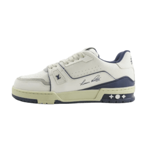Louis Vuitton LV Trainer white navy blue leather sneakers with signature detailing and rubber sole
