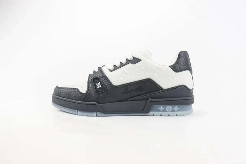 Louis Vuitton Trainer One Low Top black white leather sneakers with embossed monogram and textured panels
