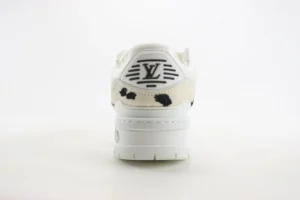 Louis Vuitton VP3 white cream black calf hair leather sneakers rear view with LV logo heel tab