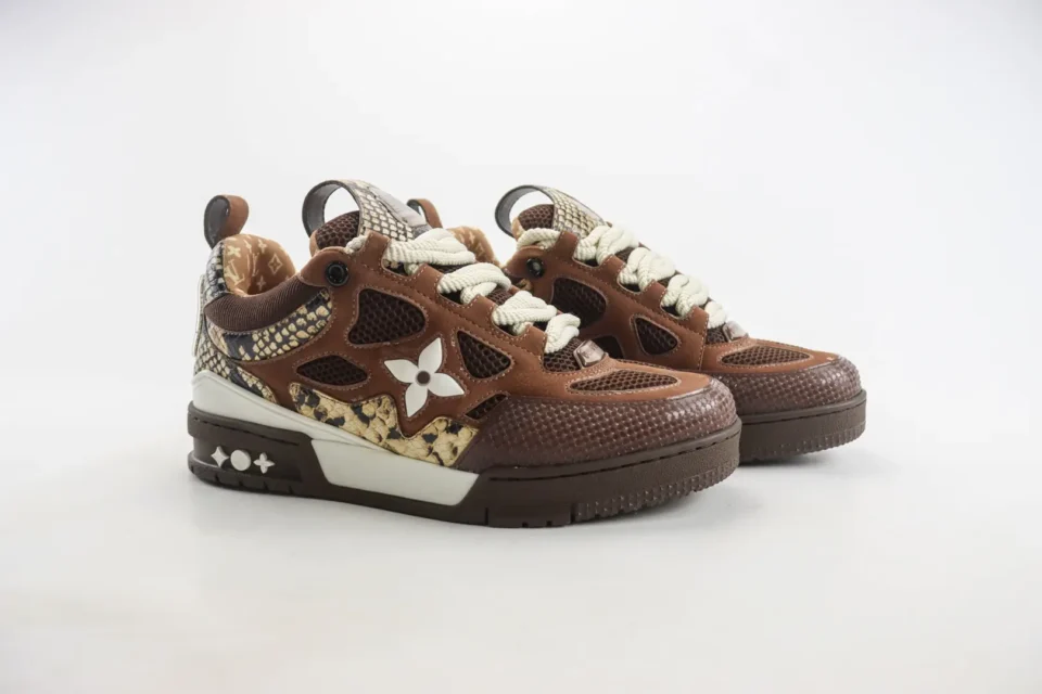 Louis Vuitton LV Trainer sneaker brown python print leather with white flower logo and cream laces