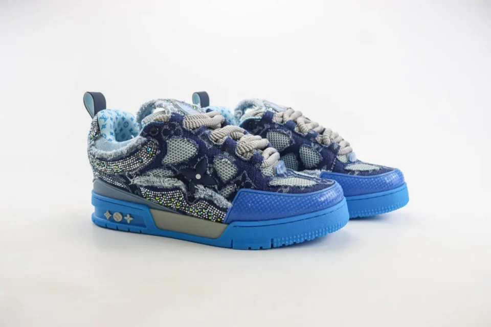 Louis Vuitton Trainer Sneaker blue multicolor denim mesh fabric with crystal embellishments