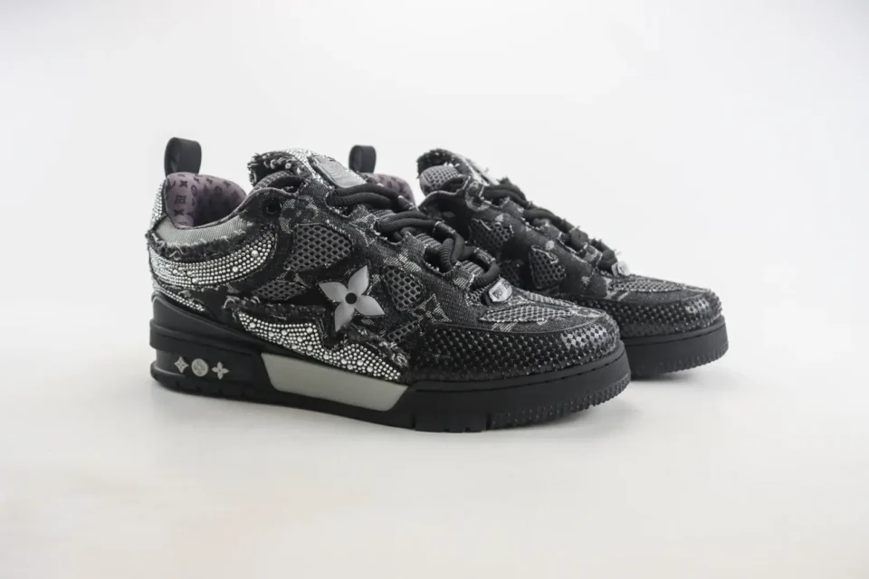 Louis Vuitton LV Trainer Sneaker black denim canvas leather studded embellishments sneakers