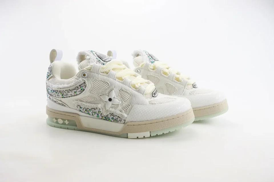 Louis Vuitton LV Trainer Sneaker white mesh crystal embellishments leather accents
