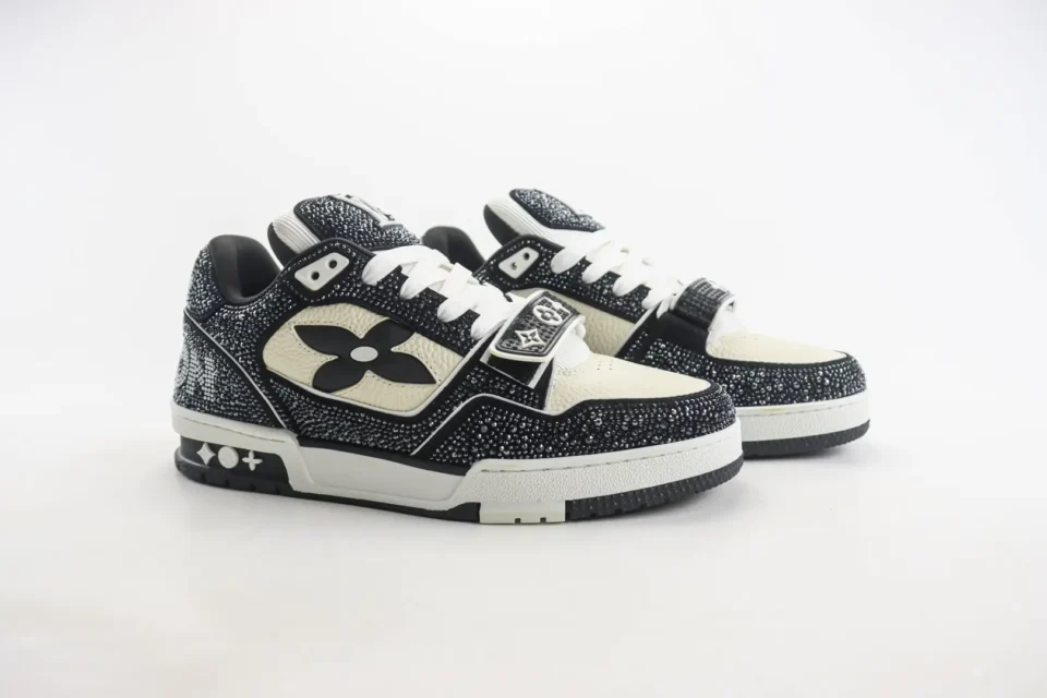 Louis Vuitton Trainer Sneaker black white leather studded detail luxury sneakers