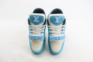 Louis Vuitton Trainer Sneaker blue white leather with rhinestone embellishments and signature logo strap