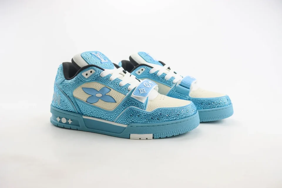 Louis Vuitton Trainer Sneaker blue white crystal-embellished leather shoes with LV logo and strap