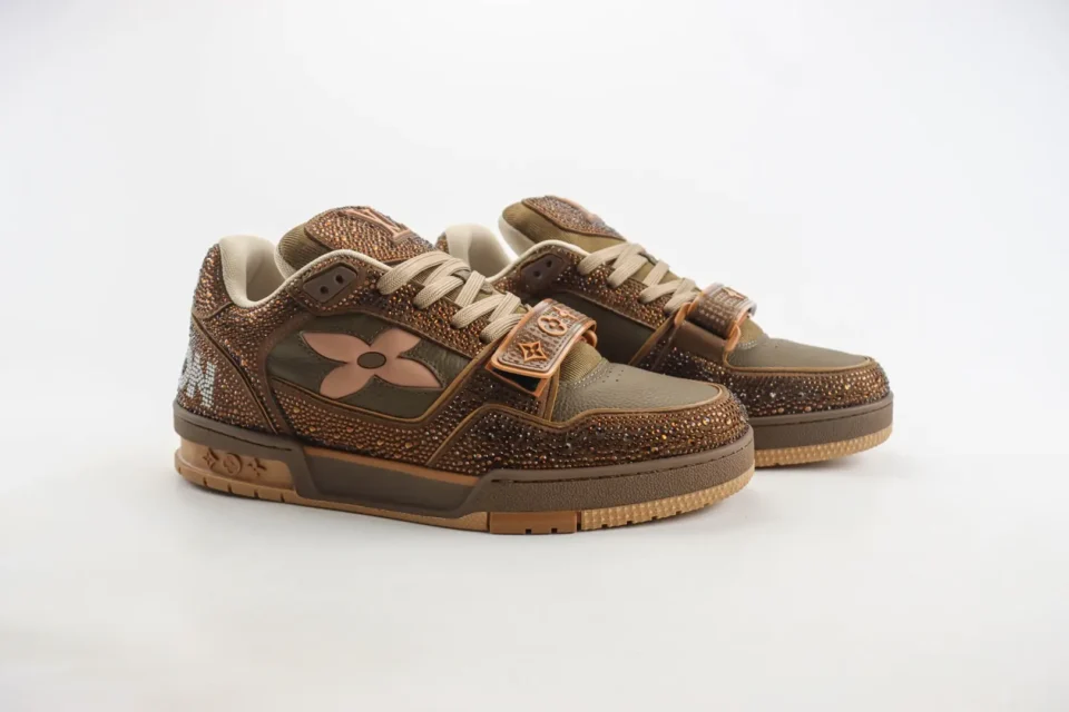 Louis Vuitton LV Trainer Sneaker brown crystal embellished leather sneakers