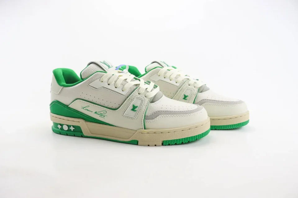 Louis Vuitton LV Trainer white green leather sneakers with signature logo and perforated detailing