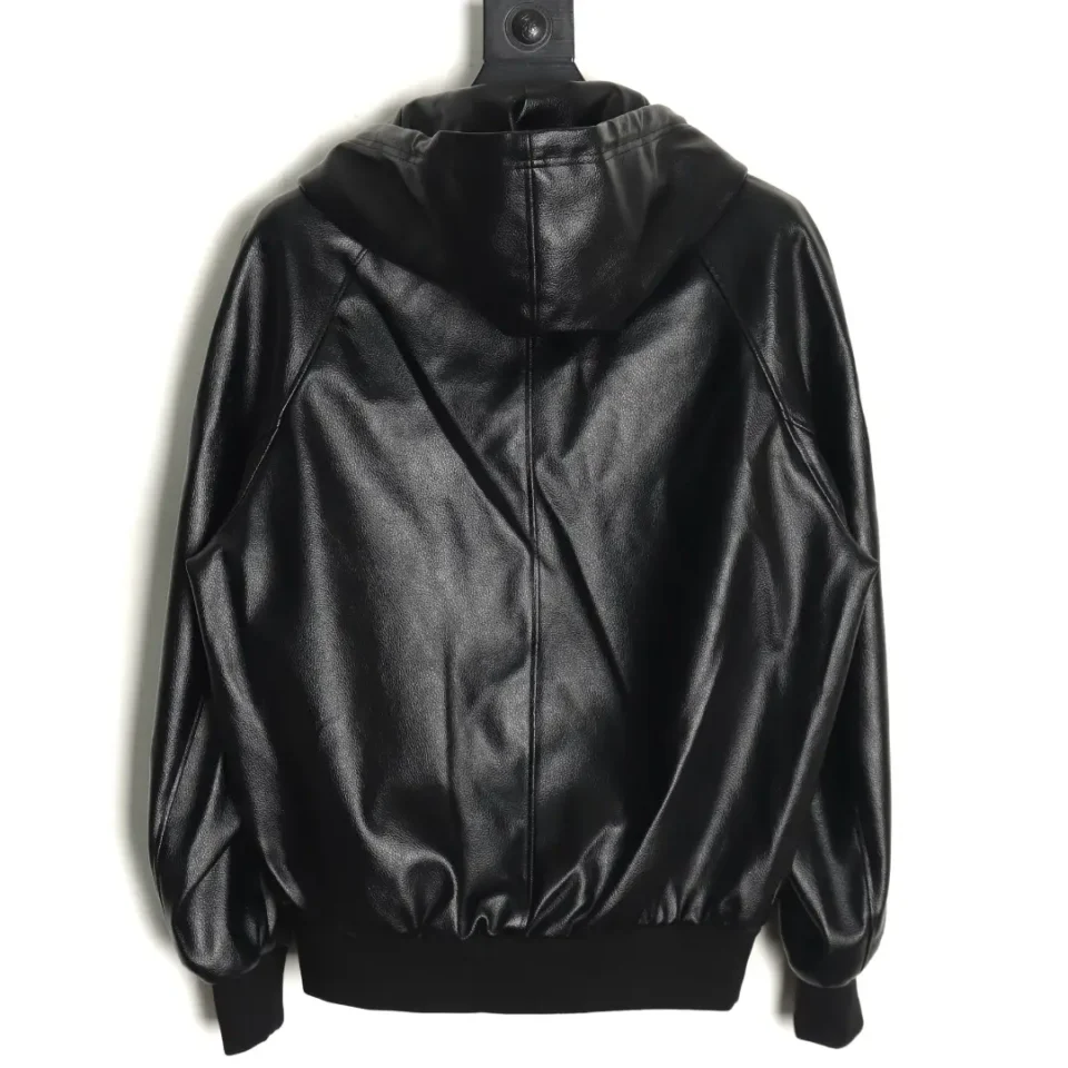 Repsgoat black faux leather hooded jacket with ribbed cuffs and waistband