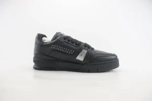 Louis Vuitton LV Trainer Sneaker black colorway leather with metal logo detail and studs