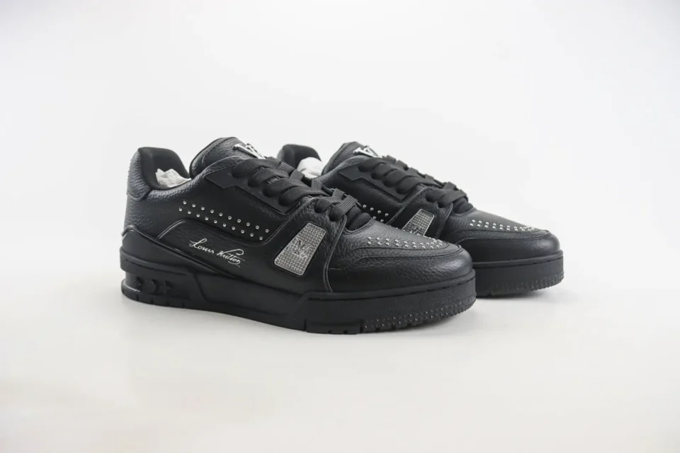 Louis Vuitton LV Trainer sneaker black leather with silver stud detailing luxury sneakers