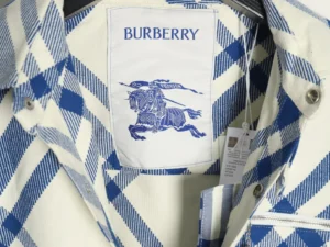 Burberry shirt blue and white check cotton fabric with brand logo label and tag inside collar