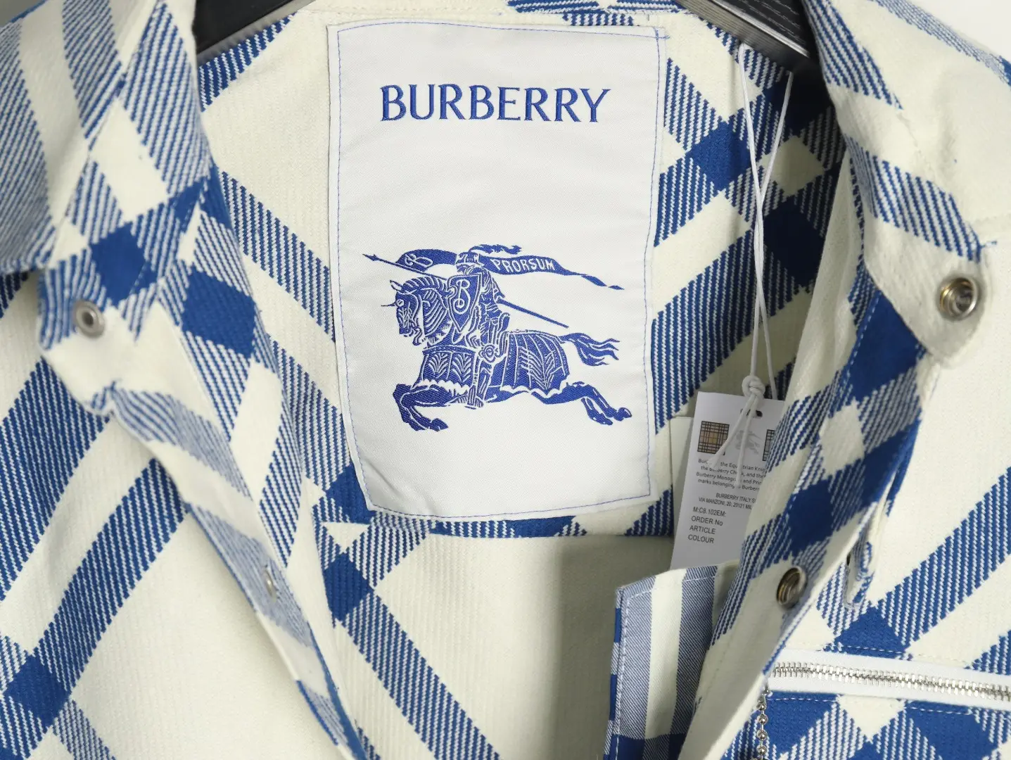Burberry shirt blue and white check cotton fabric with brand logo label and tag inside collar