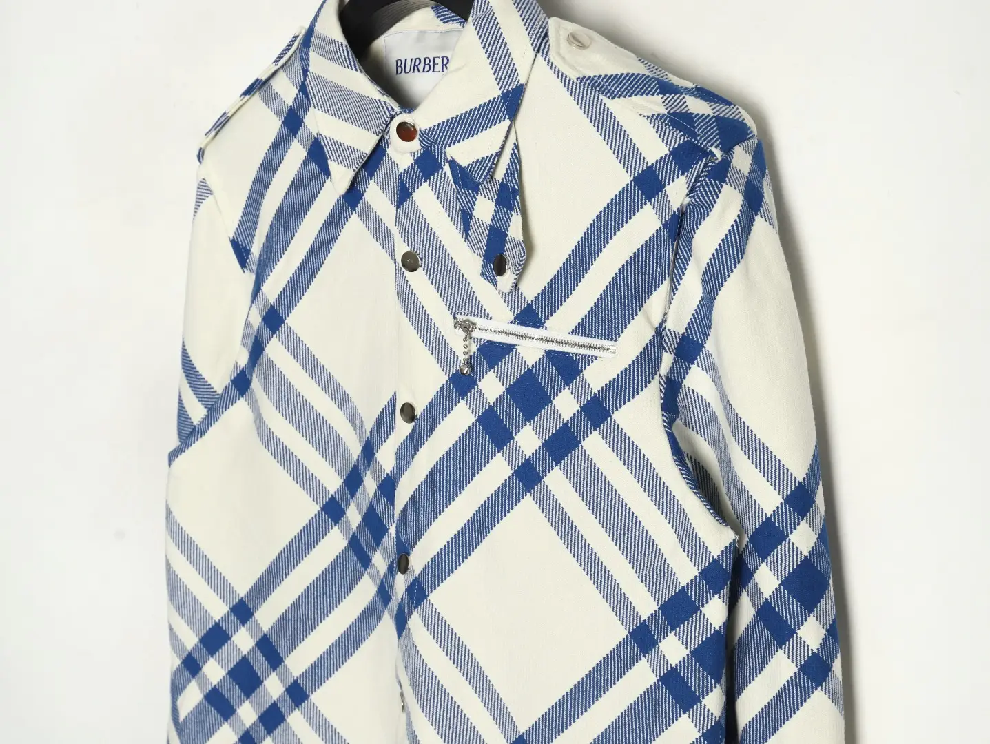 Burberry shirt blue white check cotton blend with button and zip pocket detailing