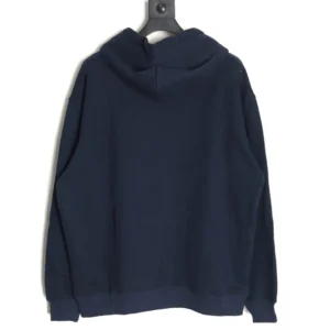 The image is of a navy blue hoodie on a hanger. Please specify if this is a product from a specific brand or another product type so I can generate the correct SEO-optimized alt text following your format and rules.