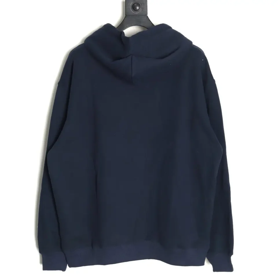 The image is of a navy blue hoodie on a hanger. Please specify if this is a product from a specific brand or another product type so I can generate the correct SEO-optimized alt text following your format and rules.