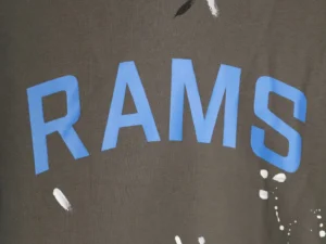 Close-up of a GALLERY DEPT GD Inkjet Hot Stamped Letter Hoodie featuring the word "RAMS" in bold blue letters against a dark fabric background, showcasing unique ink splashes and artistic design elements.