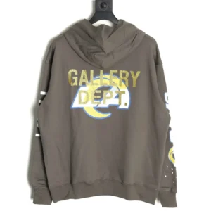 GALLERY DEPT GD Inkjet Hot Stamped Letter Hoodie in brown with prominent logo and colorful design on the back, showcasing eco-friendly materials and craftsmanship.