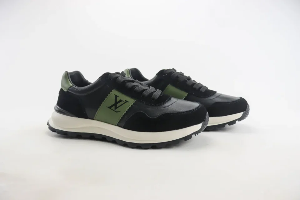 Louis Vuitton Run Away sneakers black green leather suede athletic shoes with LV logo panel