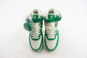 Nike Air Force 1 Mid Louis Vuitton sneakers in green and white with signature Louis Vuitton branding and distinctive design elements.