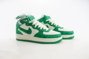 Nike Air Force 1 Mid Louis Vuitton sneakers in green and white, featuring luxury design elements and branding, showcased for sale at 9.