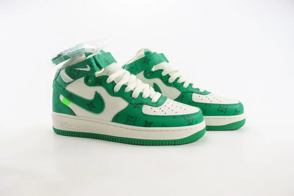 Nike Air Force 1 High LV Green white leather sneakers with monogram print and extra laces