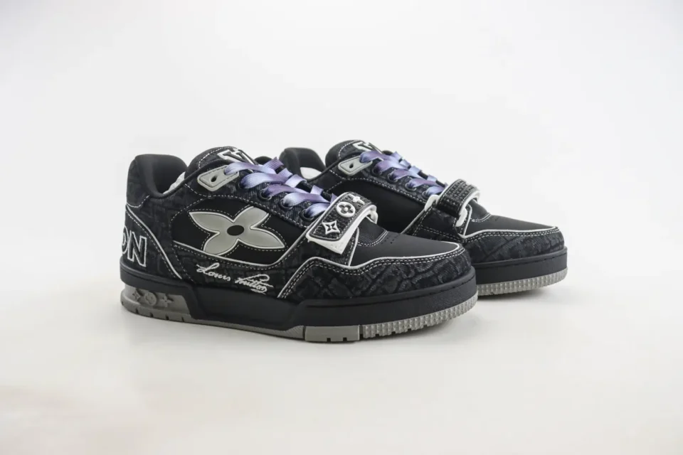 Louis Vuitton LV Trainer Sneaker 1A96IB black monogram canvas leather lace-up with velcro strap and purple laces