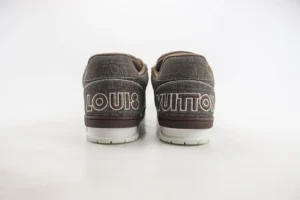 Louis Vuitton Trainer limited edition low-cut casual board shoes showcasing the back view with prominent logo detailing.
